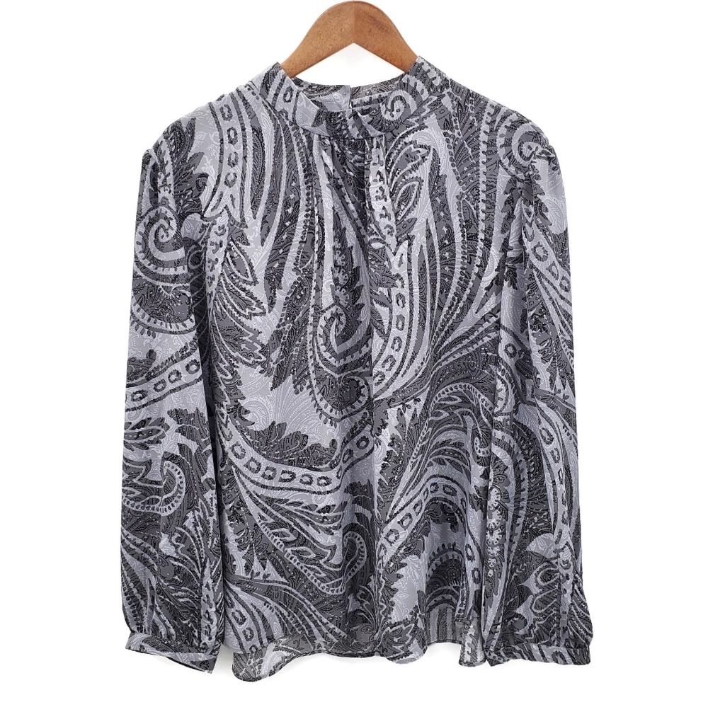 Cato Womens Paisley Print Long Sleeve High Neck‎ Blouse 22/24W Gray Career NWT